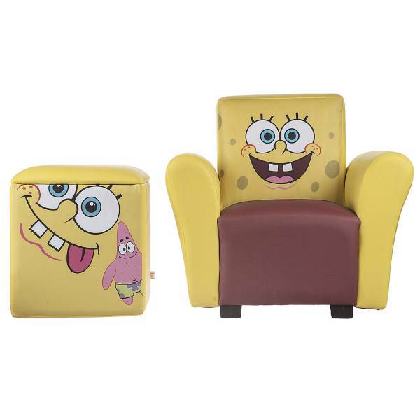 مبل و جلو مبلی کودک پینک مدل Sponge Bob، Pink Sponge Bob Kids Sofa And Sofa Puff